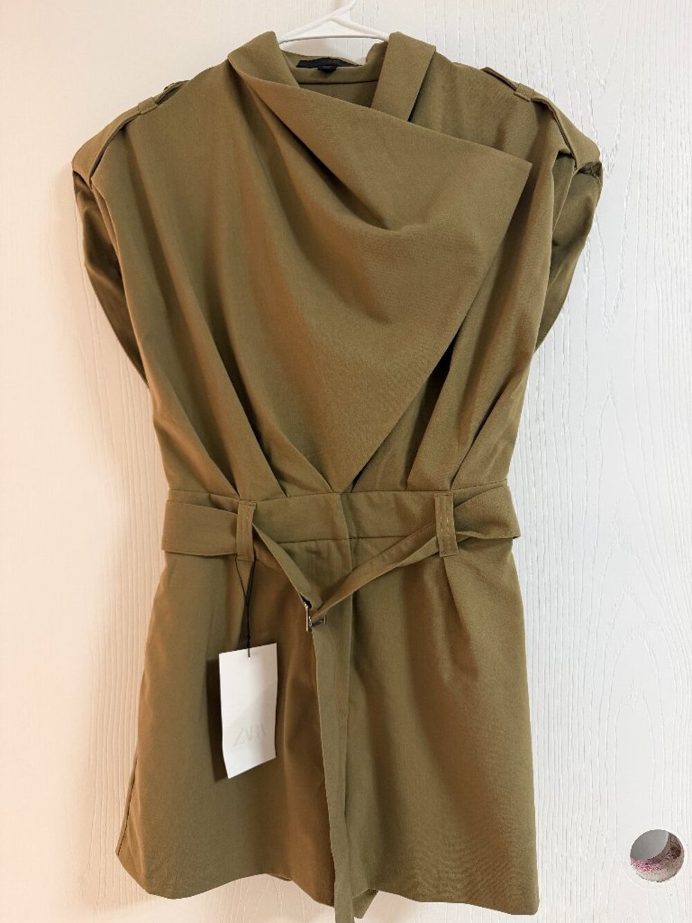 Khaki Belted Sleeveless Jumpsuit XS | Structured Wrap Chic Minimalist
